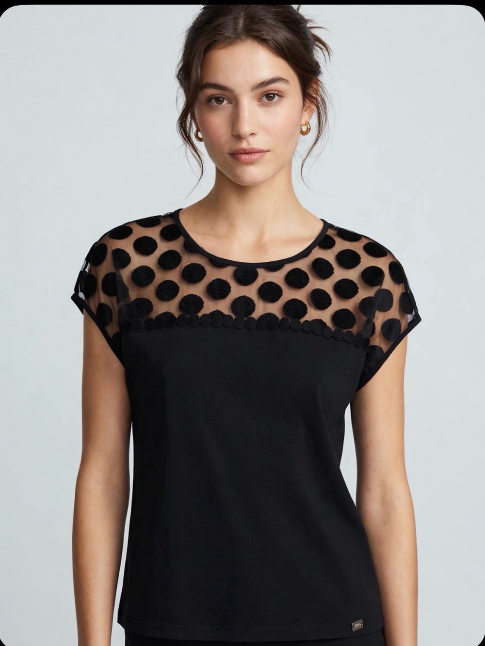 Blue Les Copains Black Sheer Velvet Polka Dot Yoke Top